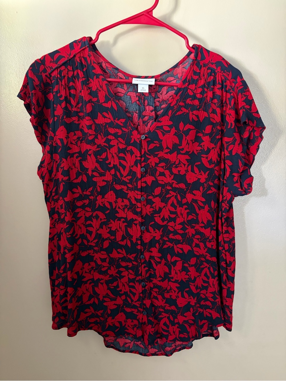 Liz Claiborne Navy Top with Red Floral Print